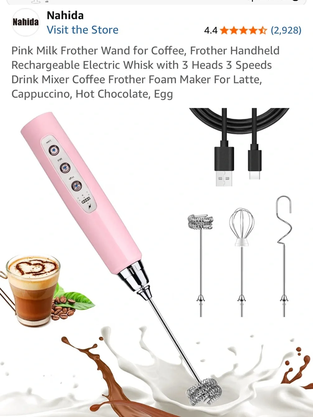 Pink Rechargeable Handheld Milk Frother - 3 Speeds, 3 Whisks